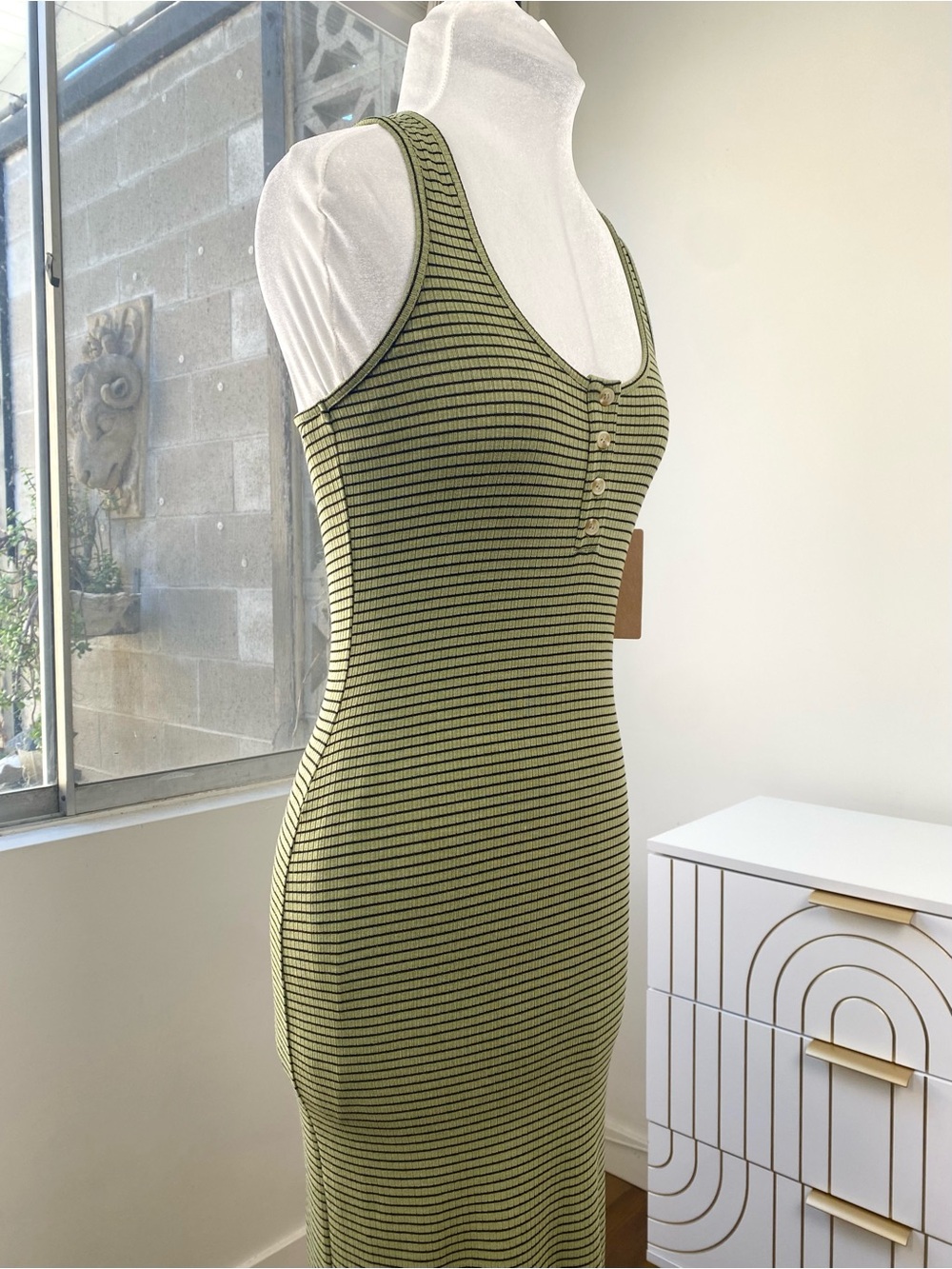 The Workshop NWT Ribbed Henley Striped Maxi Dress in Olive Black, Size S - Picture 3 of 9